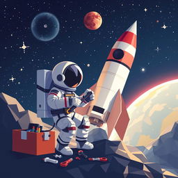 A unique fusion of pixel art and low poly art portraying an astronaut in a spacesuit, skillfully repairing a space rocket amidst the cosmic expanse