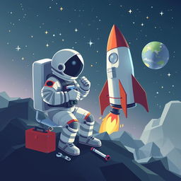 A unique fusion of pixel art and low poly art portraying an astronaut in a spacesuit, skillfully repairing a space rocket amidst the cosmic expanse