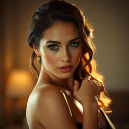 A confident and alluring woman with captivating eyes and luscious hair, striking a graceful pose under soft, ambient lighting