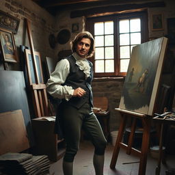 An 18th century French artist captured in a moment of creative inspiration