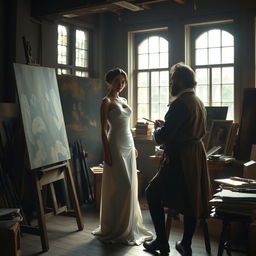 A 19th century artist in an atmospheric studio, deeply engrossed in capturing the likeness of a female model