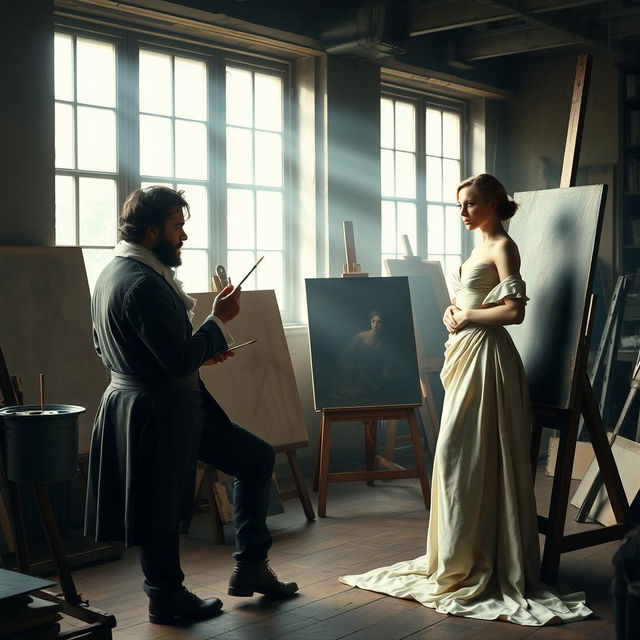 A 19th century artist in an atmospheric studio, deeply engrossed in capturing the likeness of a female model