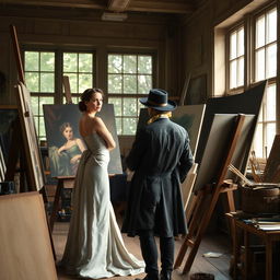 A 19th century artist in an atmospheric studio, deeply engrossed in capturing the likeness of a female model