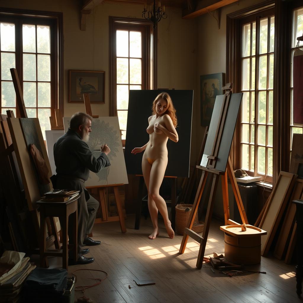 A 19th century artist in an intimate studio environment, concentrated on painting a nude female model