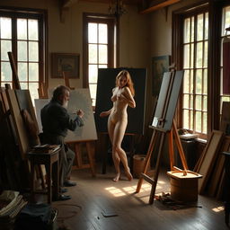 A 19th century artist in an intimate studio environment, concentrated on painting a nude female model