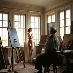 A 19th century artist in an intimate studio environment, concentrated on painting a nude female model