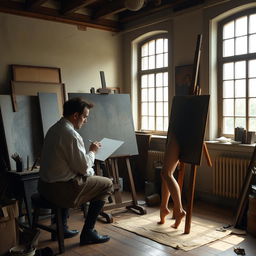 A 19th century artist in an intimate studio environment, concentrated on painting a nude female model