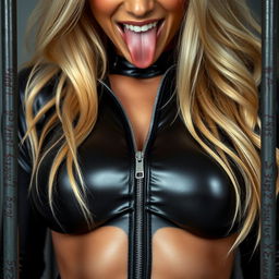 close-up on the chest and torso of a gorgeous blonde woman in a shiny black bodysuit, partially unzipped to reveal a silver zipper