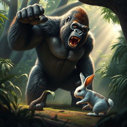 A dynamic and thrilling scene depicting a powerful gorilla engaged in an epic confrontation with a small rabbit