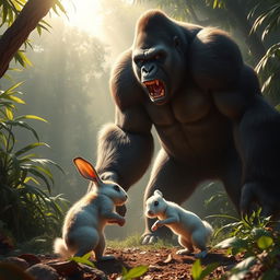 A dynamic and thrilling scene depicting a powerful gorilla engaged in an epic confrontation with a small rabbit