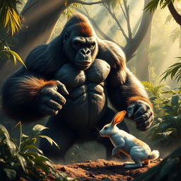 A dynamic and thrilling scene depicting a powerful gorilla engaged in an epic confrontation with a small rabbit