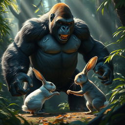 A dynamic and thrilling scene depicting a powerful gorilla engaged in an epic confrontation with a small rabbit