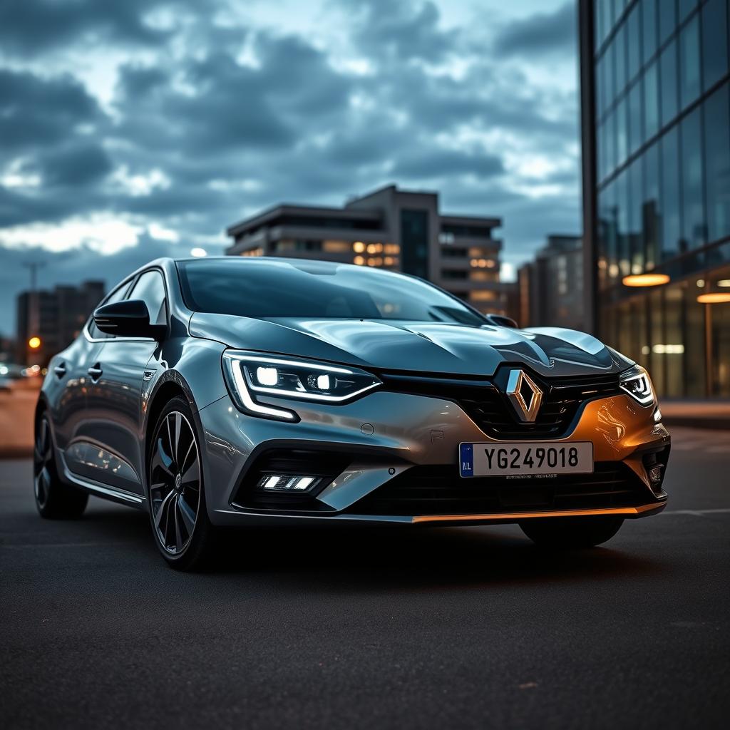 Renault Megane FL, parked in a modern urban setting, with a sleek and dynamic design, showcasing its sharp headlights and signature grille