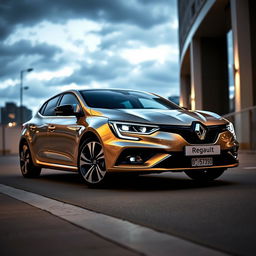 Renault Megane FL, parked in a modern urban setting, with a sleek and dynamic design, showcasing its sharp headlights and signature grille