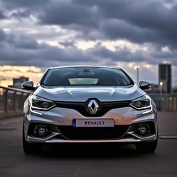 Renault Megane FL, parked in a modern urban setting, with a sleek and dynamic design, showcasing its sharp headlights and signature grille