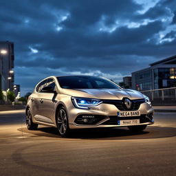 Renault Megane FL, parked in a modern urban setting, with a sleek and dynamic design, showcasing its sharp headlights and signature grille