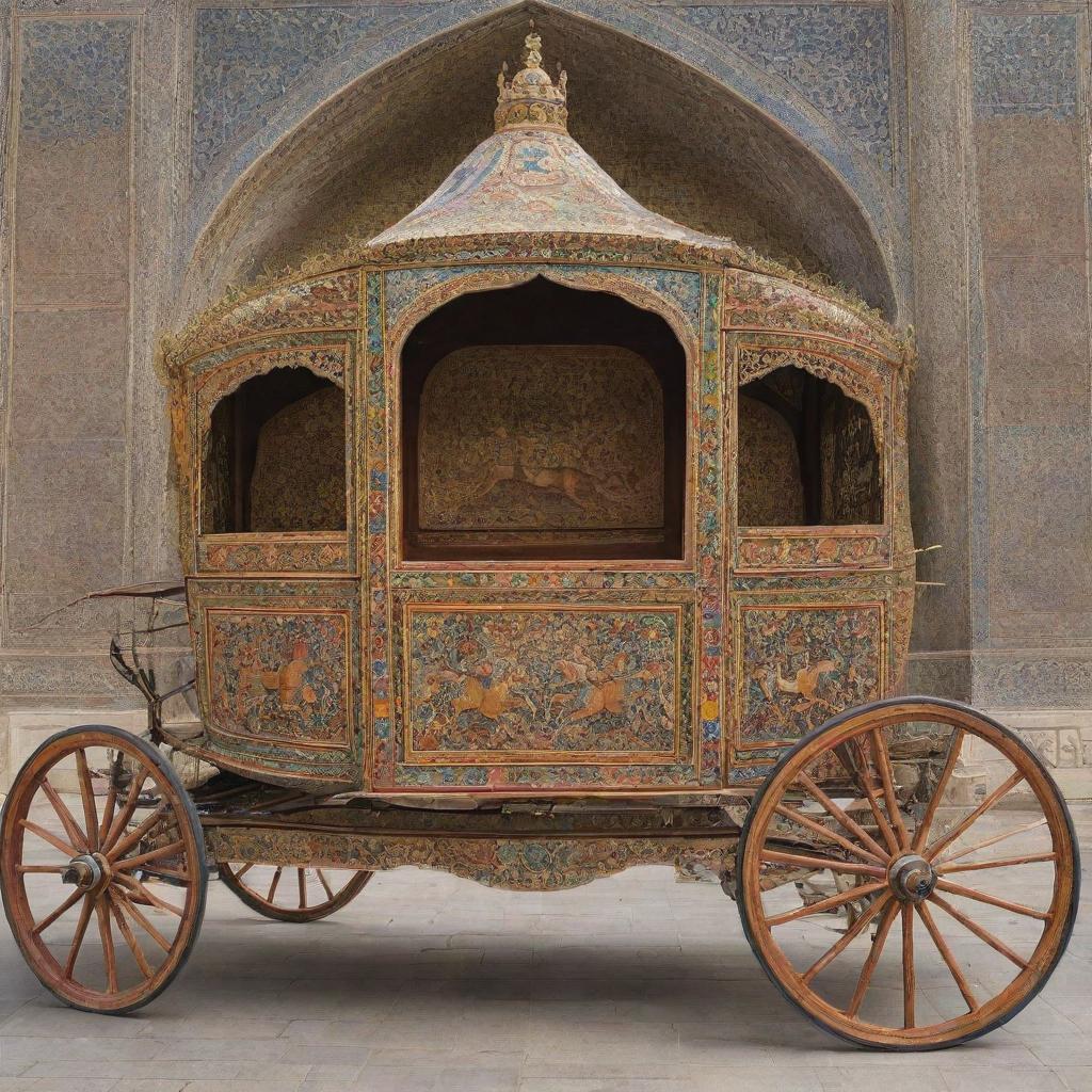 A grand horse carriage ornately designed with intricate Safavid motifs, featuring vibrant colors and intricate patterns inherent to Persian art.