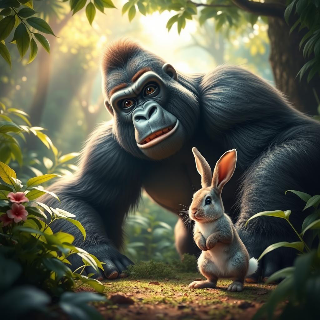 A humorous and imaginative scene showing a gorilla facing off against a tiny rabbit