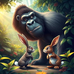 A humorous and imaginative scene showing a gorilla facing off against a tiny rabbit