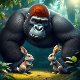 A humorous and imaginative scene showing a gorilla facing off against a tiny rabbit