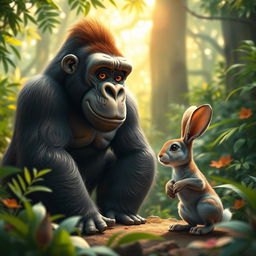 A humorous and imaginative scene showing a gorilla facing off against a tiny rabbit