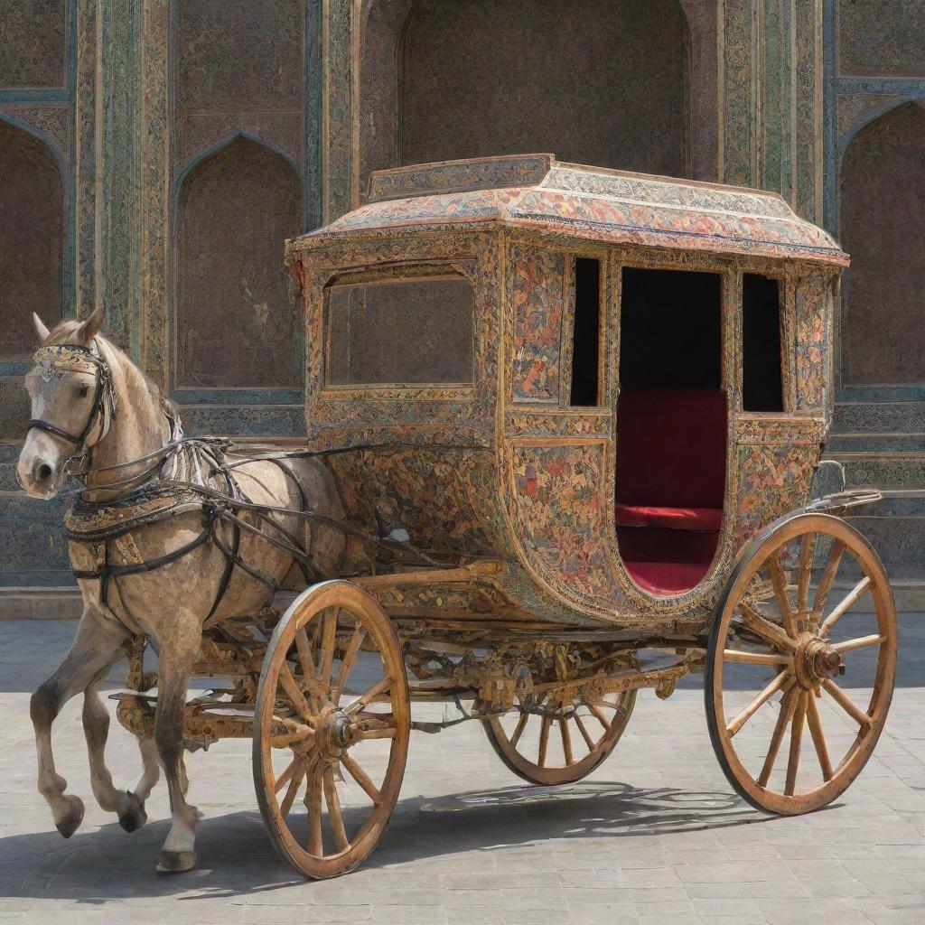 A grand horse carriage ornately designed with intricate Safavid motifs, featuring vibrant colors and intricate patterns inherent to Persian art.