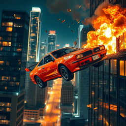 An orange Rebel Megane car soaring through the air after crashing out of a window of a burning skyscraper, with flames and smoke billowing from the windows