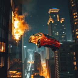 An orange Rebel Megane car soaring through the air after crashing out of a window of a burning skyscraper, with flames and smoke billowing from the windows