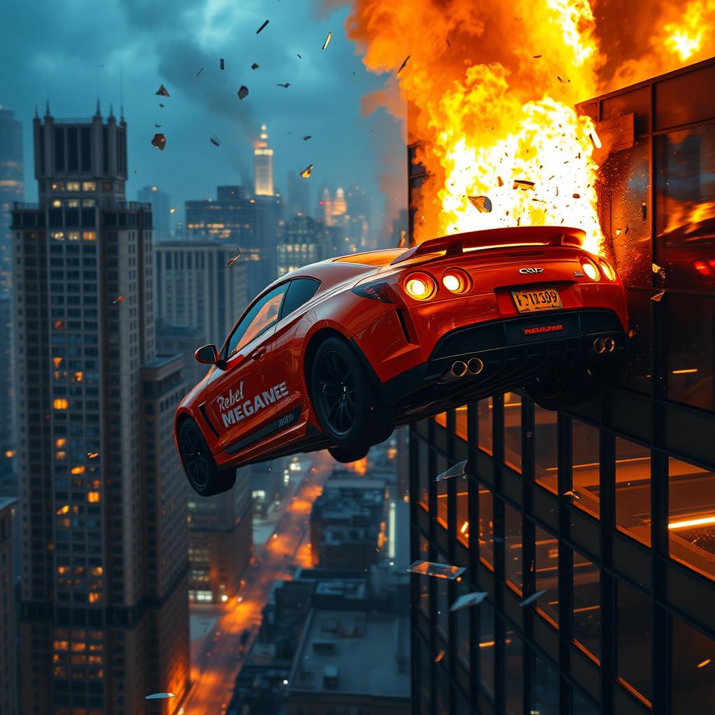 An orange Rebel Megane car soaring through the air after crashing out of a window of a burning skyscraper, with flames and smoke billowing from the windows