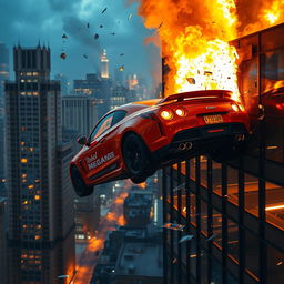 An orange Rebel Megane car soaring through the air after crashing out of a window of a burning skyscraper, with flames and smoke billowing from the windows