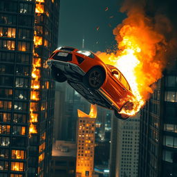 An orange Rebel Megane car soaring through the air after crashing out of a window of a burning skyscraper, with flames and smoke billowing from the windows