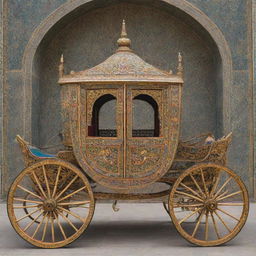 A grand horse carriage ornately designed with intricate Safavid motifs, featuring vibrant colors and intricate patterns inherent to Persian art.