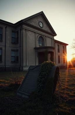 A historical old school building, standing solemnly with a weathered appearance that hints at ages past