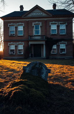 A historical old school building, standing solemnly with a weathered appearance that hints at ages past