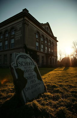 A historical old school building, standing solemnly with a weathered appearance that hints at ages past