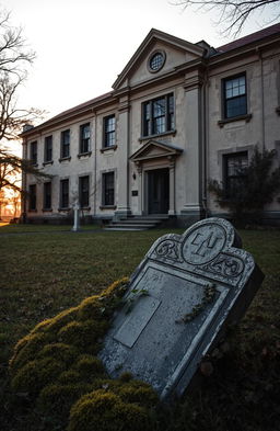 A historical old school building, standing solemnly with a weathered appearance that hints at ages past