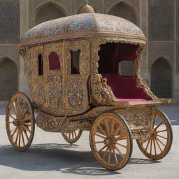 A grand horse carriage ornately designed with intricate Safavid motifs, featuring vibrant colors and intricate patterns inherent to Persian art.