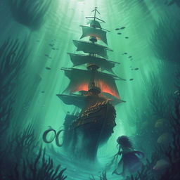 Anime style book cover art with a pirate ship above water and mermaids below water for a novel