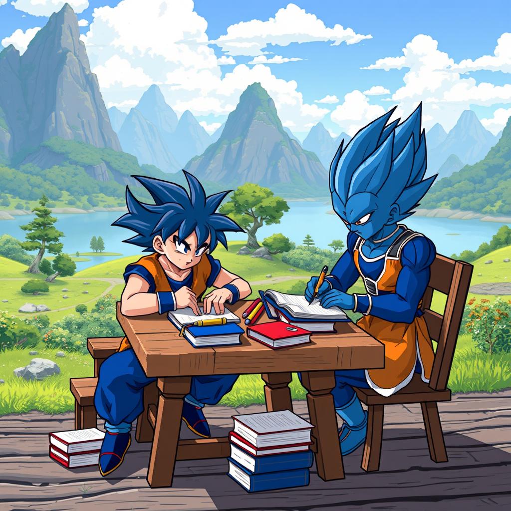 Anime-style 8-bit pixelated artwork of Goku and Vegeta in their Super Saiyan Blue forms sitting at a wooden table