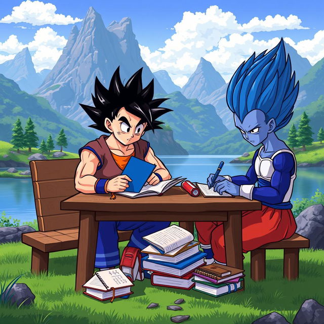 Anime-style 8-bit pixelated artwork of Goku and Vegeta in their Super Saiyan Blue forms sitting at a wooden table