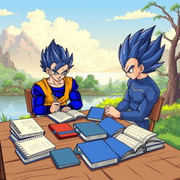 Anime-style 8-bit pixelated artwork of Goku and Vegeta in their Super Saiyan Blue forms sitting at a wooden table