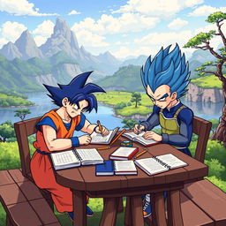 Anime-style 8-bit pixelated artwork of Goku and Vegeta in their Super Saiyan Blue forms sitting at a wooden table