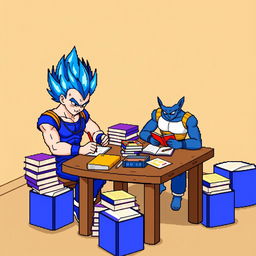 Goku and Vegeta in super saiyan blue form, depicted in a charming 8-bit animated style