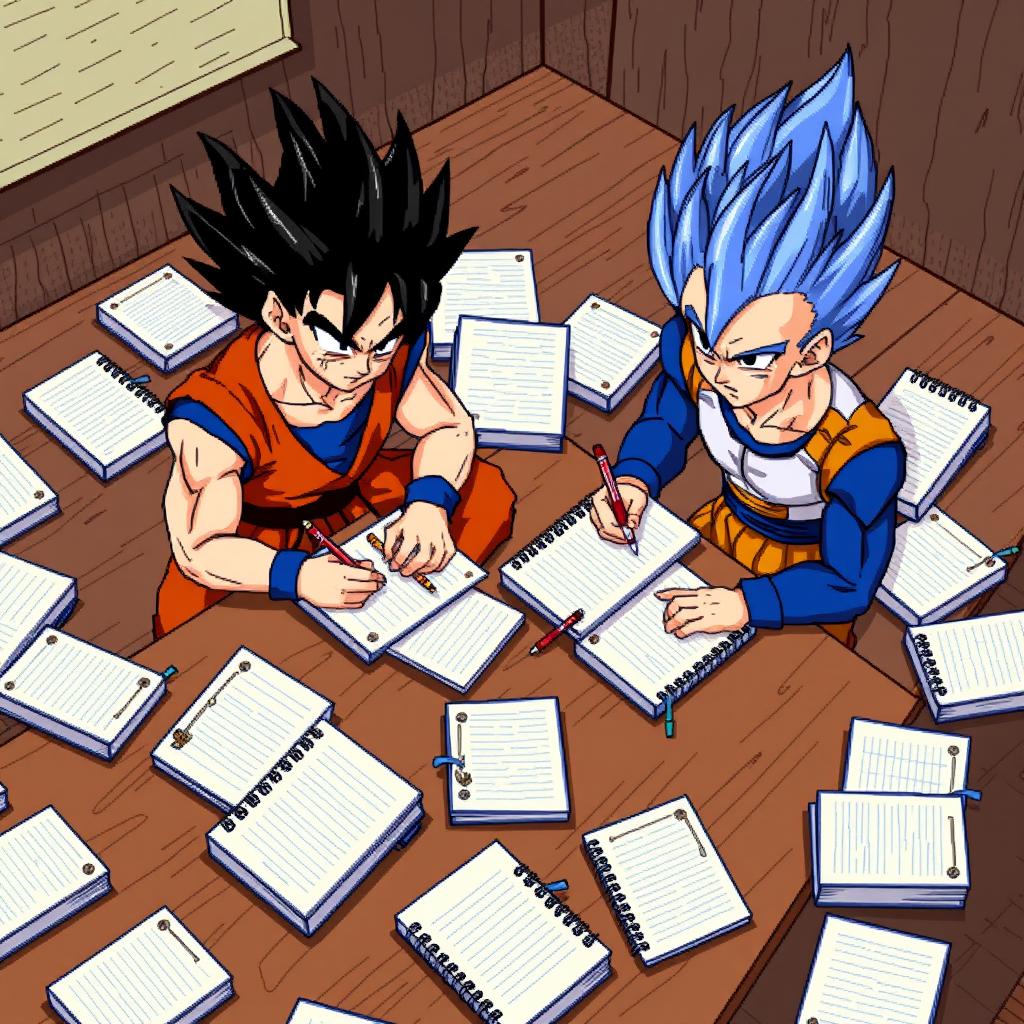 Goku and Vegeta as Super Saiyans, in an 8-bit pixelated animated style, sitting on a wooden table surrounded by many notebooks