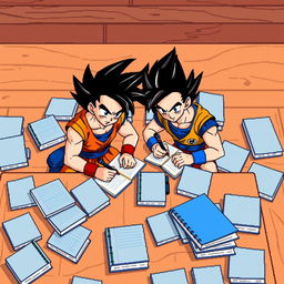 Goku and Vegeta as Super Saiyans, in an 8-bit pixelated animated style, sitting on a wooden table surrounded by many notebooks