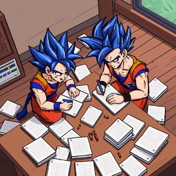 Goku and Vegeta as Super Saiyans, in an 8-bit pixelated animated style, sitting on a wooden table surrounded by many notebooks