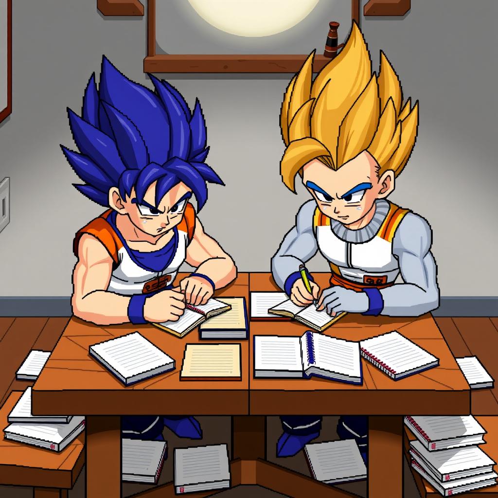 Goku and Vegeta as Super Saiyans, in an 8-bit pixelated animated style, sitting on a wooden table surrounded by many notebooks