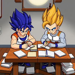 Goku and Vegeta as Super Saiyans, in an 8-bit pixelated animated style, sitting on a wooden table surrounded by many notebooks