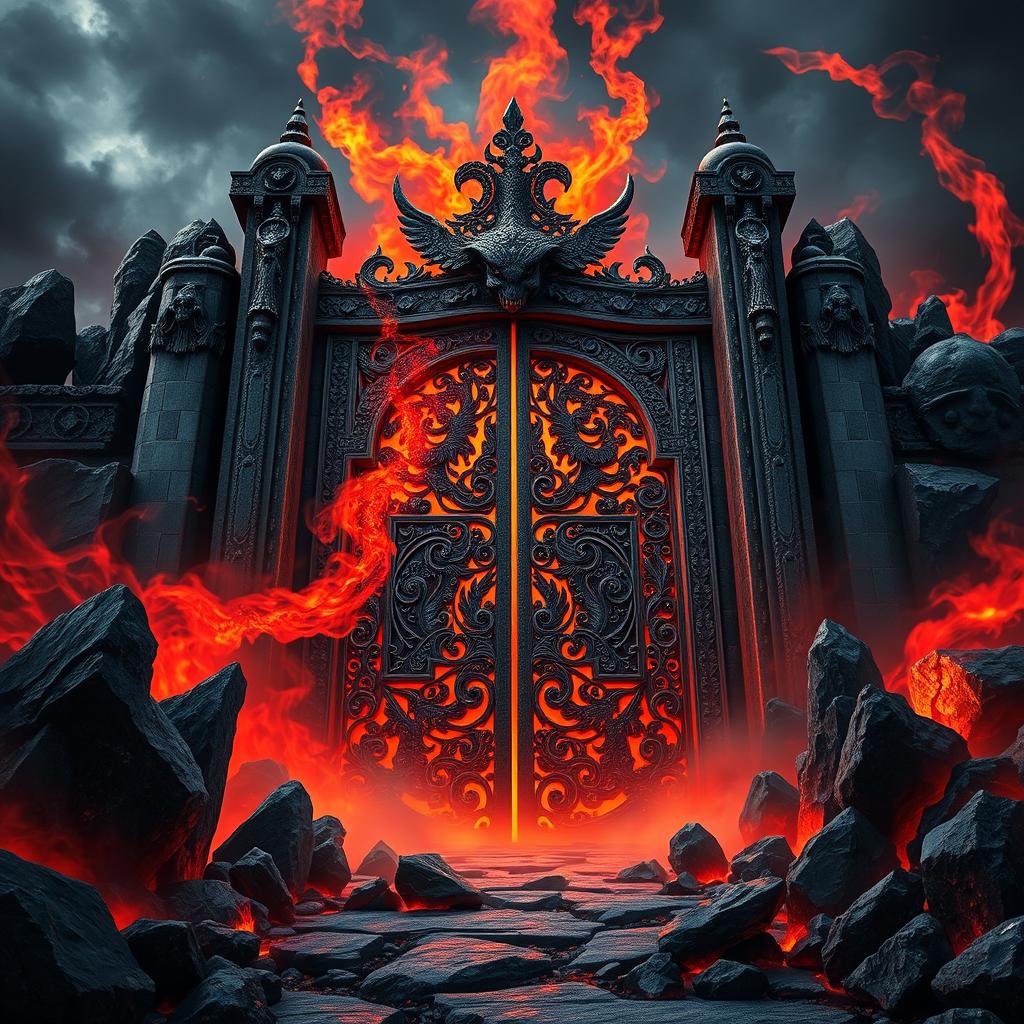 A grand and ominous gate resembling the entrance to the underworld, surrounded by jagged, blackened rocks and engulfed in swirling mists of red and orange