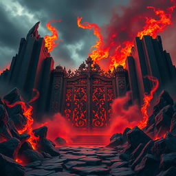 A grand and ominous gate resembling the entrance to the underworld, surrounded by jagged, blackened rocks and engulfed in swirling mists of red and orange